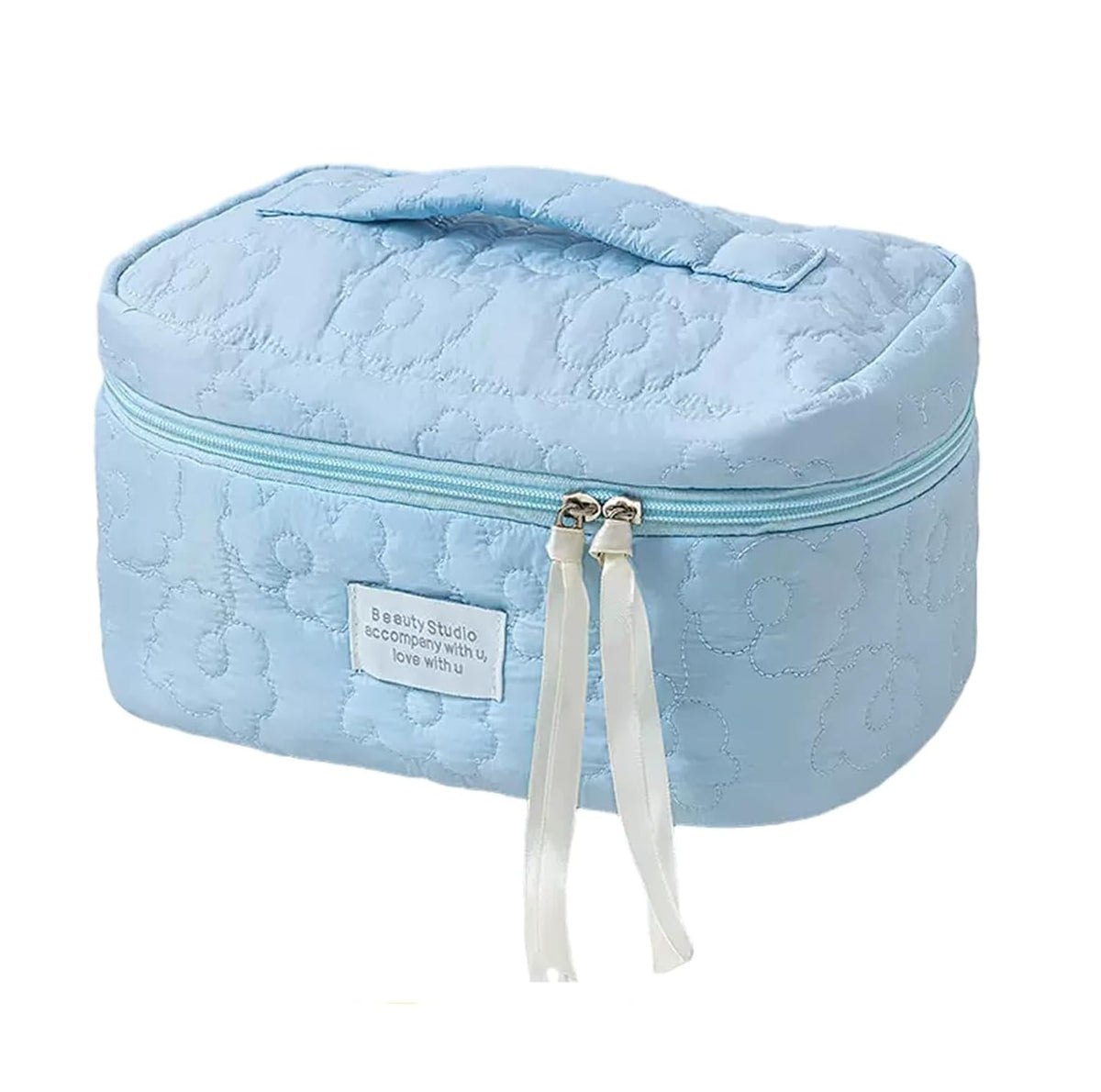 HASTHIP® Quilted Floral Makeup Bag Travel Cosmetic Bag Zip-up Toiletry Organizer Pouch, Soft Polyester Travel Makeup Case with Handle for Skincare, Beauty Essentials & Toiletries, 28×17×15cm