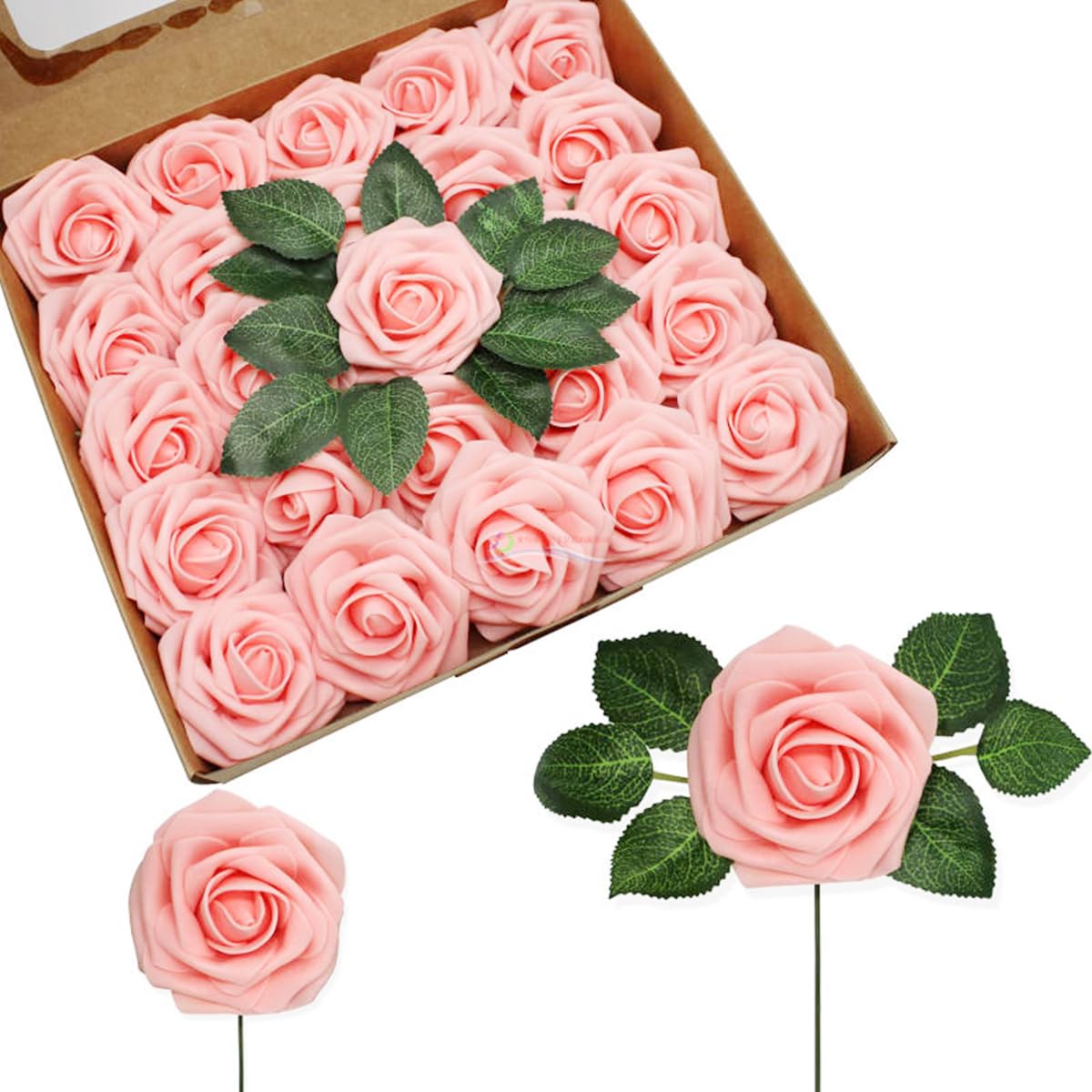 HASTHIP Artificial Roses Box Set for Wedding Bouquets and Home Décor | 25pcs Foam Pink Flowers with Stems