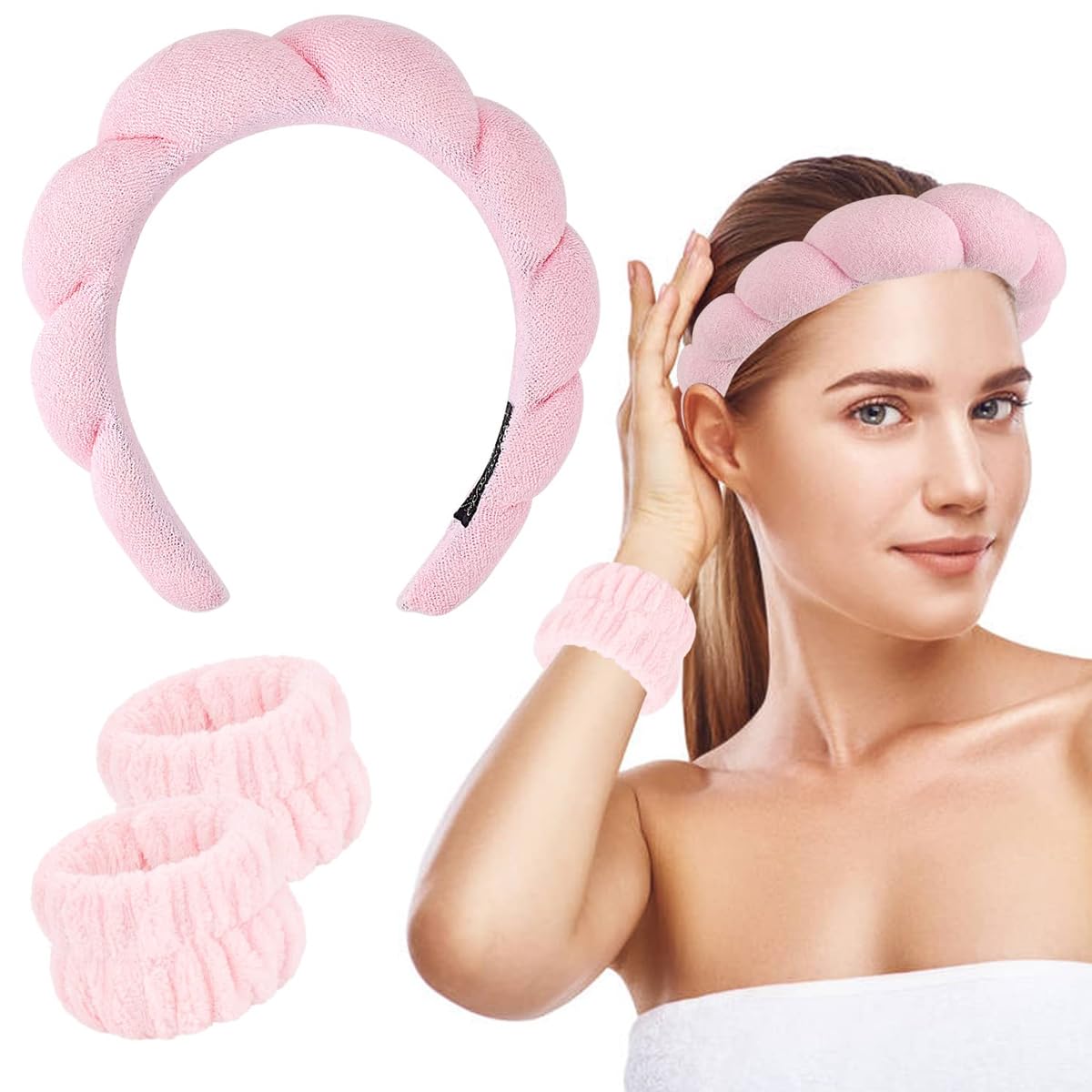 HASTHIP® Diadema SPA y Muñequeras Mujer,Banda Maquillaje Esponja Suave para Lavado de Cara,Diadema Facial Absorbente y Cómoda Accesorio Cuidado de la Piel Fitness - Rosa