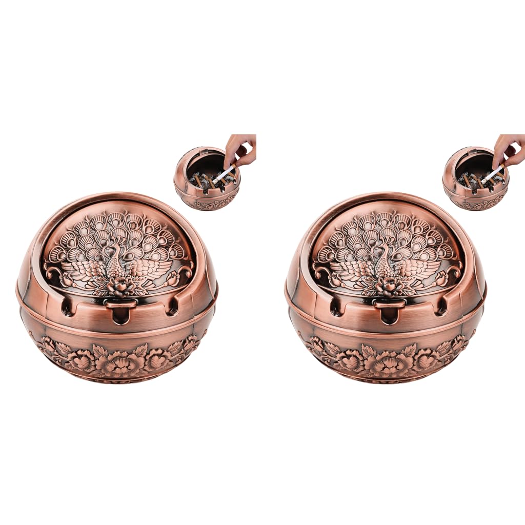 HASTHIP Peacock Ashtray for Home and Car with Closing Lid and 3 Grooves | Zinc Alloy 10x10x9cm 2 PCS