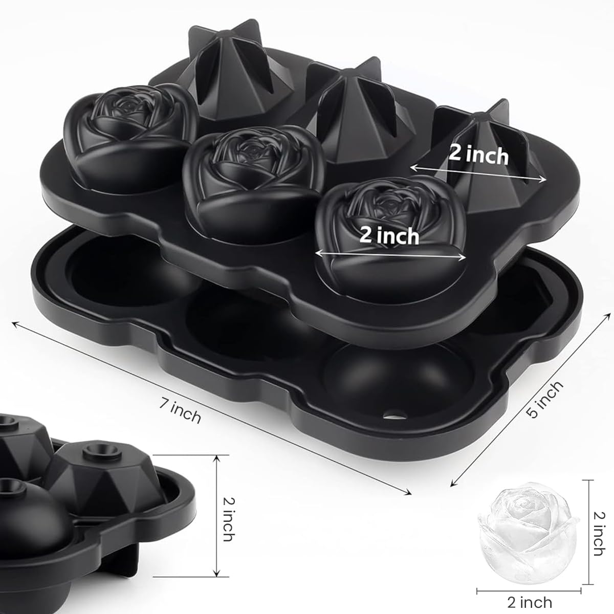 HASTHIP Silicone Ice Cube Trays for Cocktails and Whiskey with 2 in Rose and Diamond Molds | Easy Release Food Grade Design