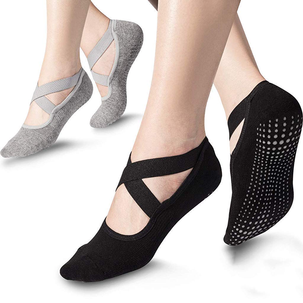 Proberos 2 Pairs Cotton Yoga Socks Sport Fitness Half Toe Ankle Grip Gym No-Slip Socks for Pilates, Barre, Ballet, Barefoot Workout (Black/Gray)