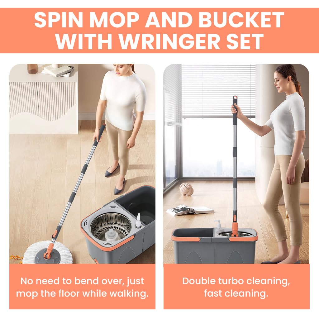 HASTHIP Self Wringing Mop with Dual Bucket System and 2 Microfiber Cloths for Wooden Floors