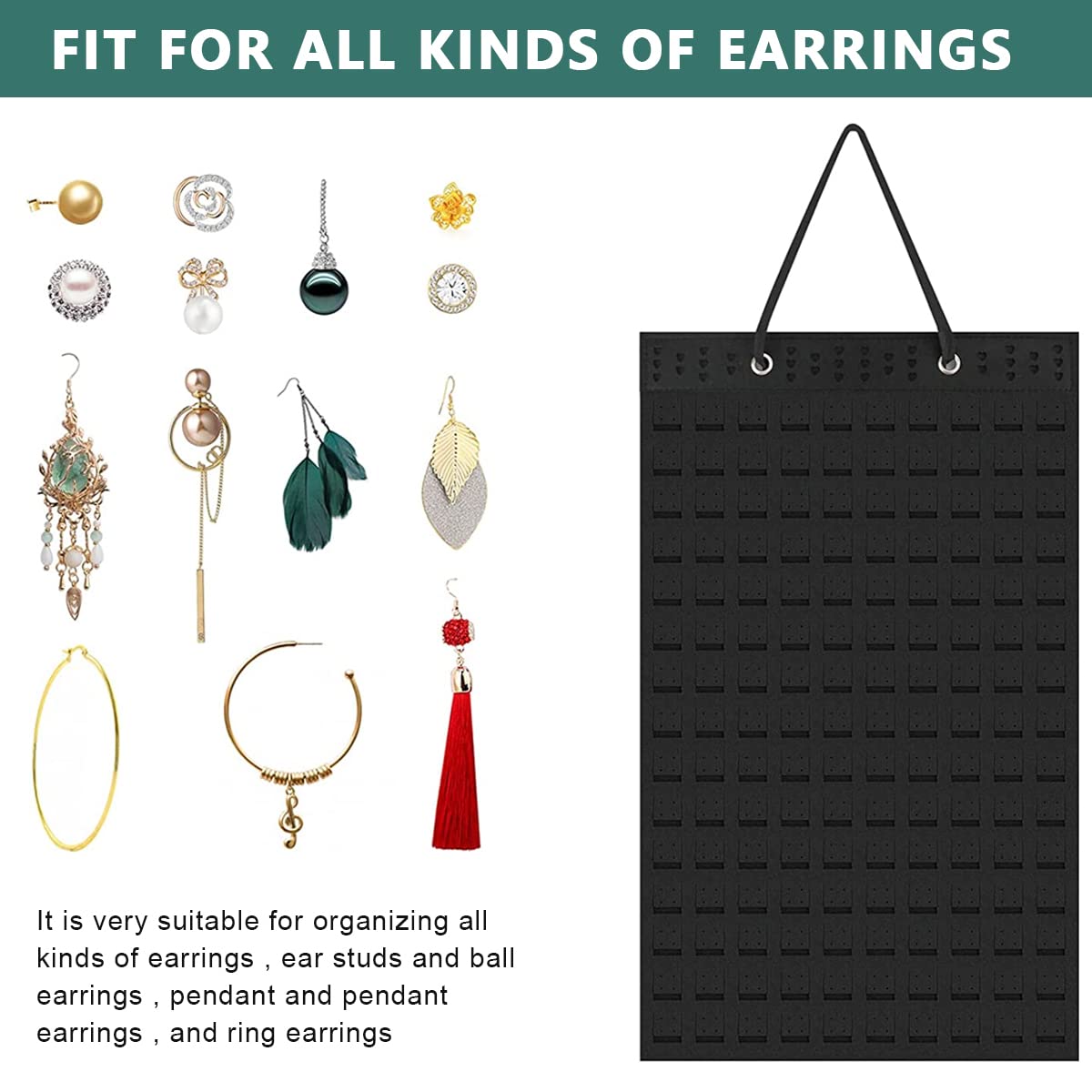 HASTHIP Wall Hanging Earring Organizer Box for Women with 150 Felt Pieces and 300 Pair Capacity | Black Jewelry Display for Earrings Necklaces and Rings