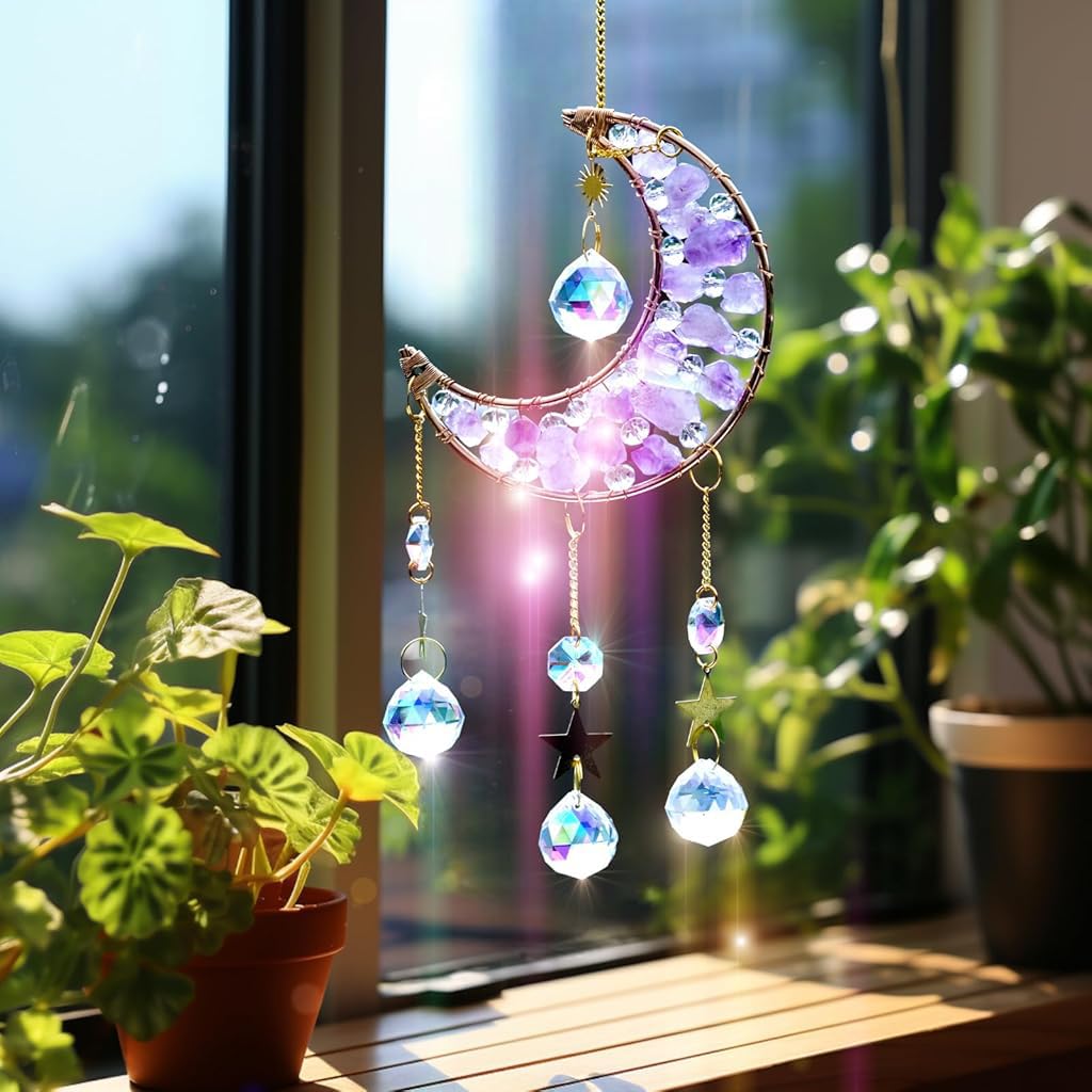 HASTHIP Sparkling Crystal Moon Charm for Home Decor featuring Purple Acrylic Crescent 16.2 in