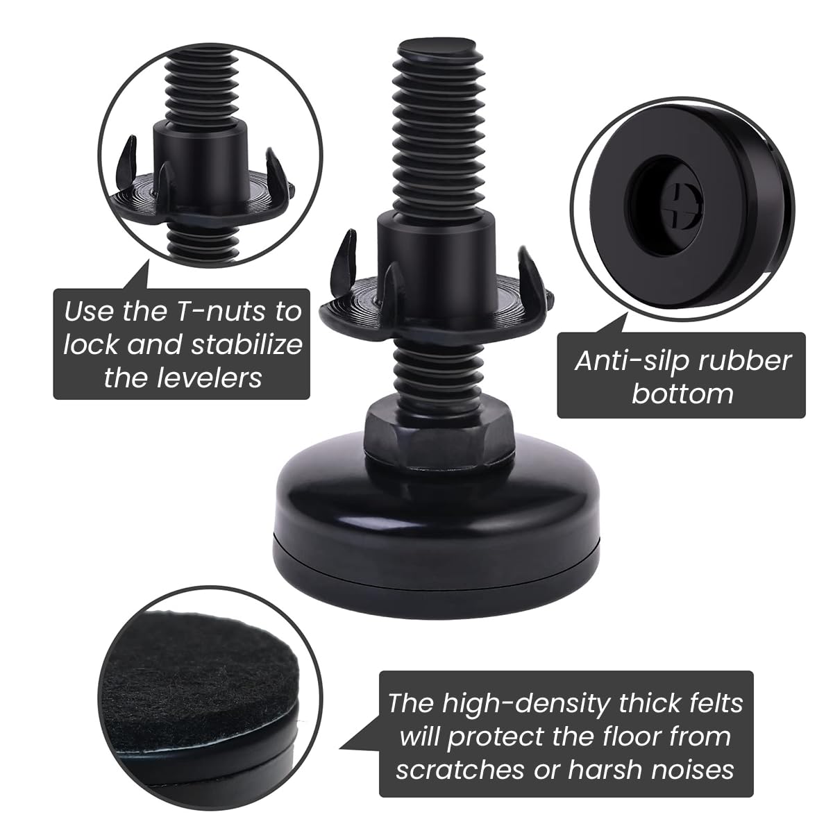 4PCS 3/8" Threaded Leveling Feet Adjustable Table/Furniture Feet Leveler Adjustable Furniture Feet, High Load Capacity 1320LB, Furniture Levelers Foot with T- Nut Kit 3/8"-16 Thread