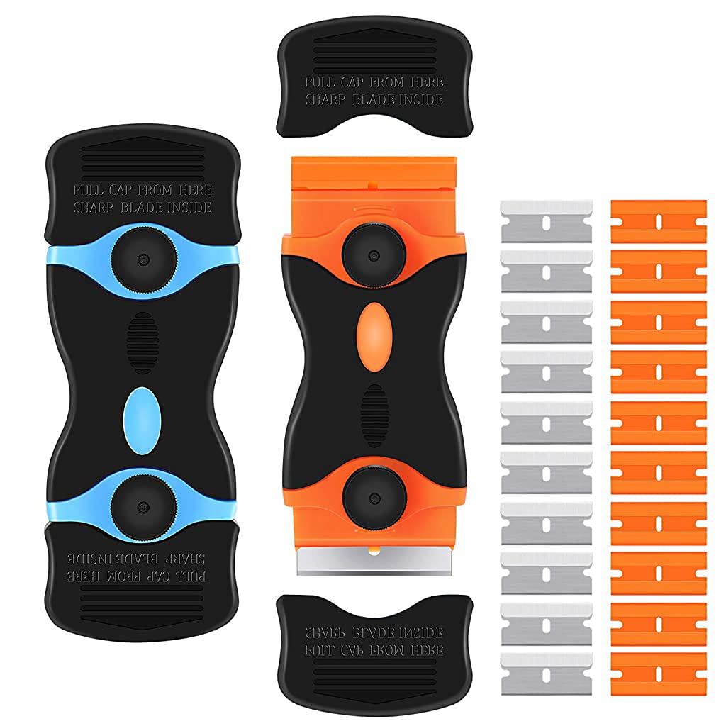 HASTHIP Glue Remover Machine 2 Pack for Stickers and Labels with 2-in-1 Scraper Tool featuring Ergonomic Handle and 20 Blades | Safe Storage Covers