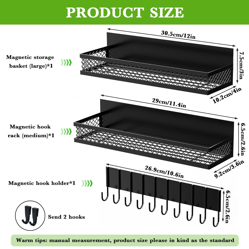 HASTHIP Magnetic Kitchen Organiser for Fridge with 10 in 1 Hook Rack and 3 Metal Baskets