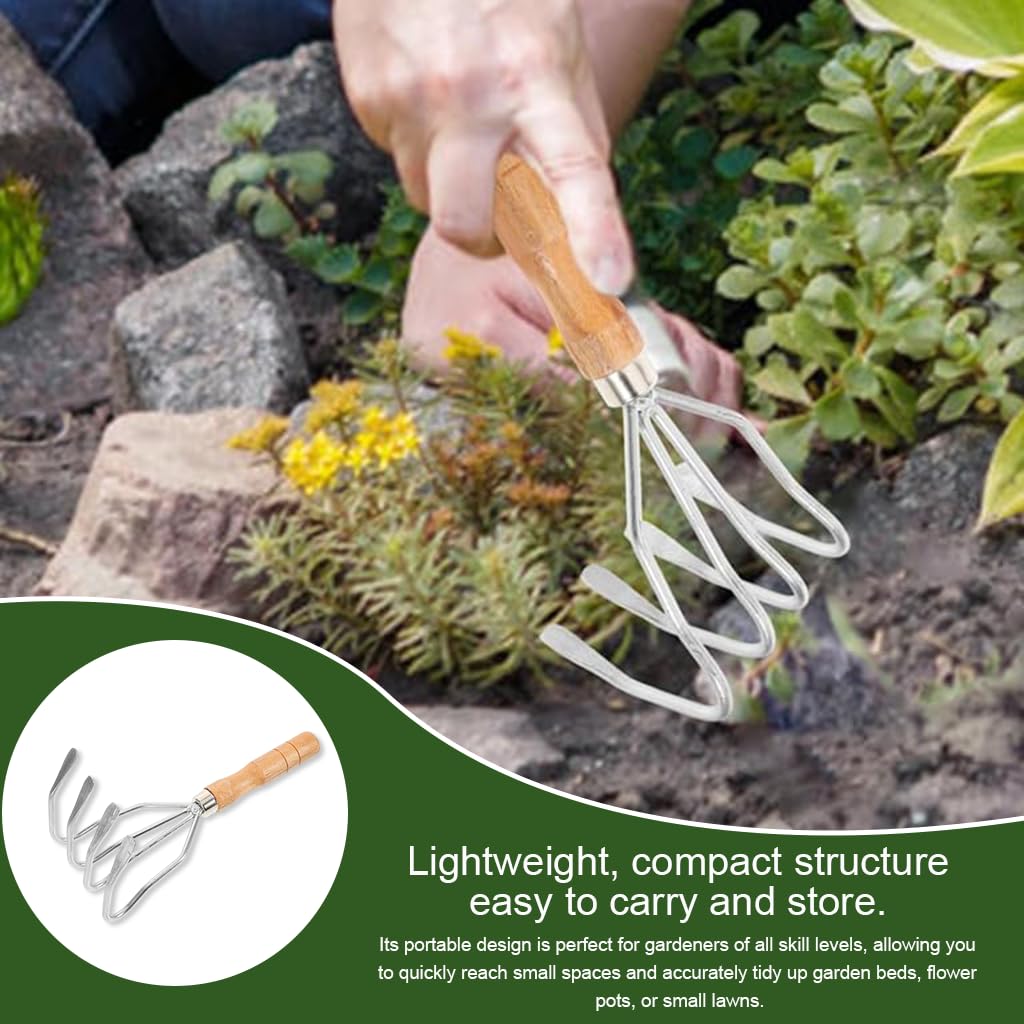 HASTHIP Gardening Rake for Lawn and Soil Maintenance with Ergonomic Wooden Handle 10.6 in Stainless Steel Head