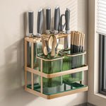 HASTHIP Kitchen Organizer Rack for Countertop and Wall Mounting with Dual Cutlery Cases | 20x15x22cm Carbon Steel Golden Finish