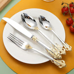 HASTHIP Stainless Steel Fork and Spoon Set of 4 for Dining with Embossed Golden Handle | Gift Box