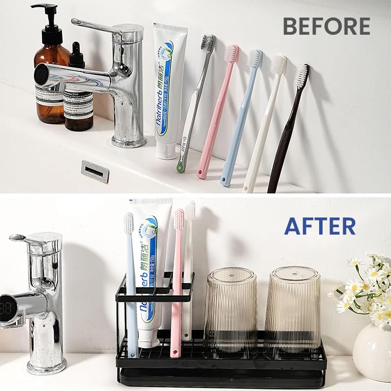 HASTHIP Toothbrush Holder for Bathroom with Pull Out Drip Tray and Cup Drain Rack | Metal Black Organizer Stand