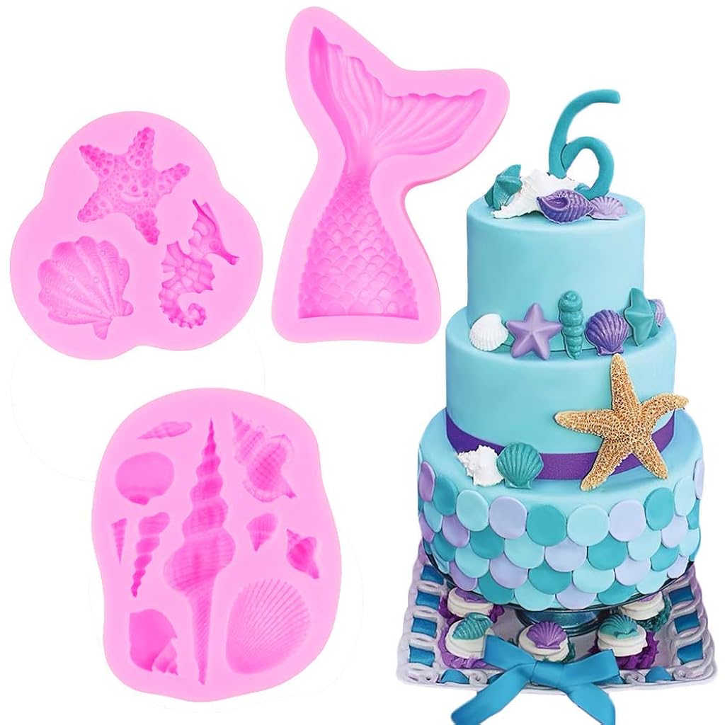 HASTHIP® 6 Pack Marine Theme Silicone Fondant Molds for Resin Art, DIY Craft Mermaid Tail, Seahorse, Starfish, Conch, Seashell, Turtle Food Grade, Multipurpose Baking & Casting Kit, 2 PCS Each