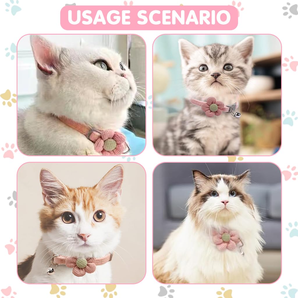HASTHIP® Cat Belt, Cat Collar with Bell, Pink Flower Cat Collar Soft & Comfortable, Cute Pet Collar Silver Cat Bell Collar