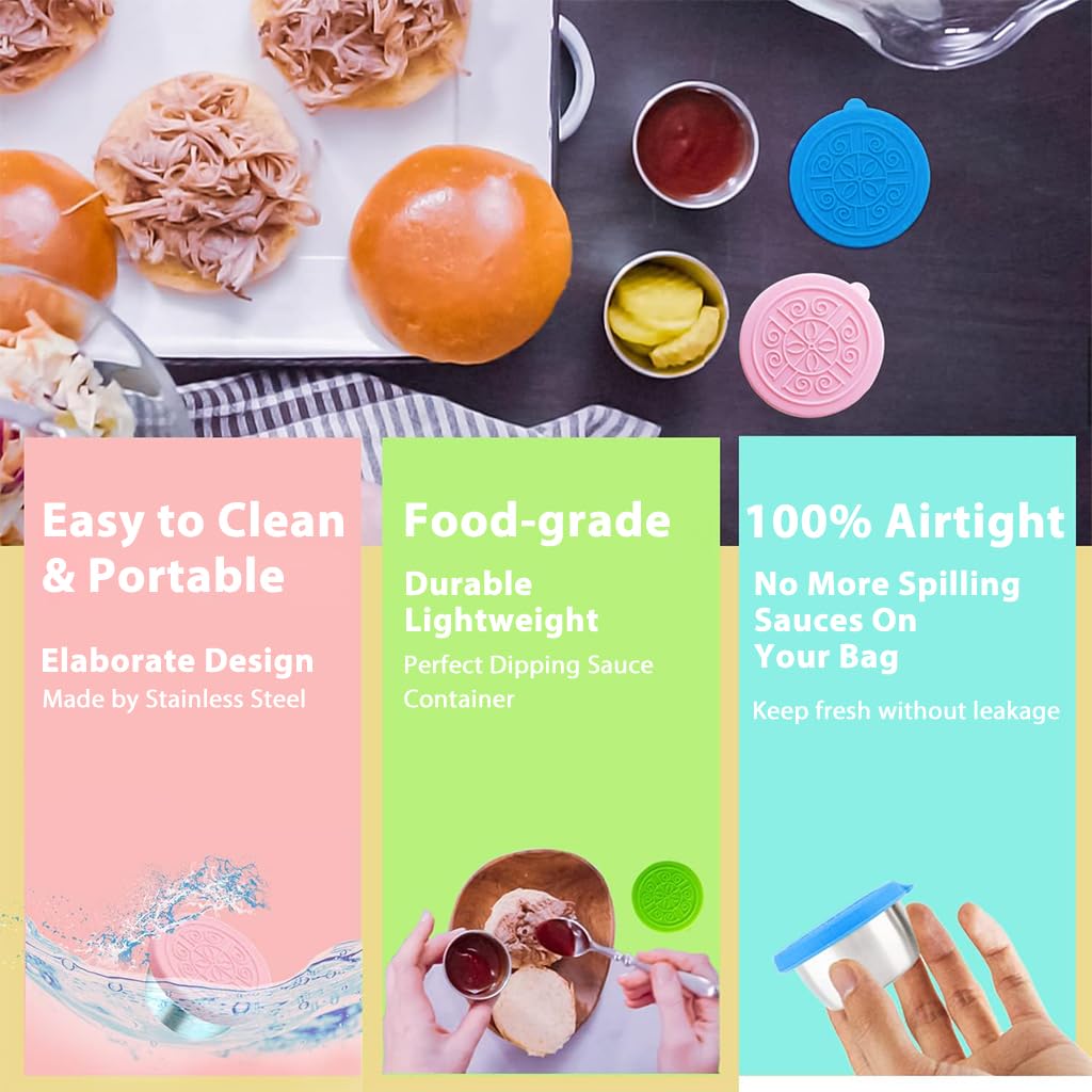 2pcs Salad Dressing Container to Go, 40ML Small Containers with Lids, Reusable Stainless Steel Sauce Cups for Lunch Bento Box, Picnic and Travel, Pink+Blue