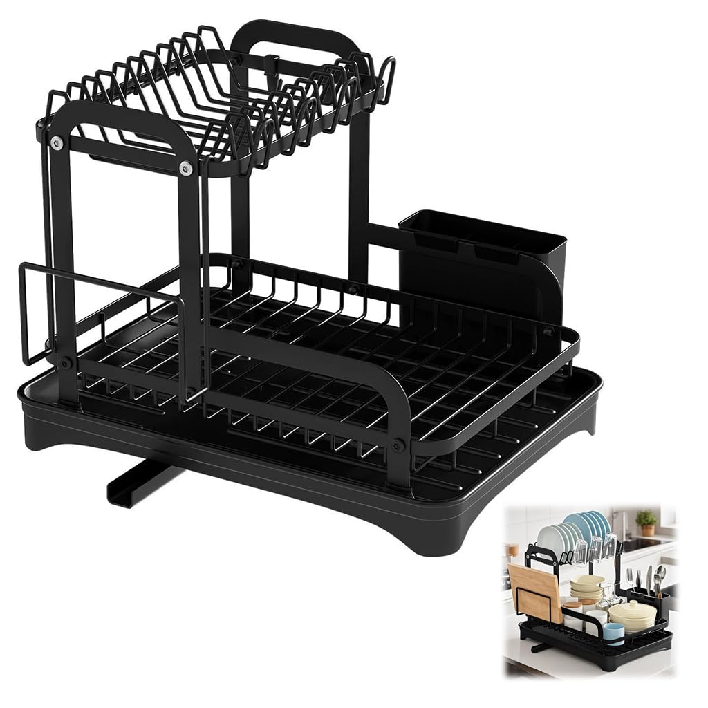HASTHIP Kitchen Utensil Drying Rack with Double Layer Storage and Drain Pipe | 42x30x32cm Metal Organizer