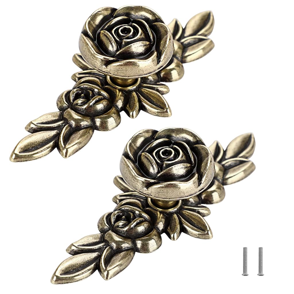 HASTHIP® Cabinet Drawer Pull Knobs - 2pcs Euro Rose Decorative Cabinet Knobs with Plate Floral Drawer Knob Cupboard Door Handle, Cabinets Handles Knob for Dresser Cabinets-Metallic