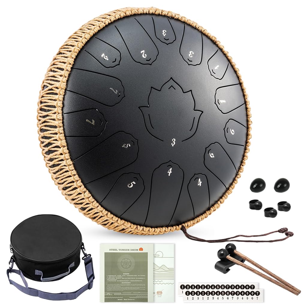 HASTHIP Steel Tongue Drum for Meditation with 15 Notes 13 in Titanium Alloy | Black Handpan Instrument