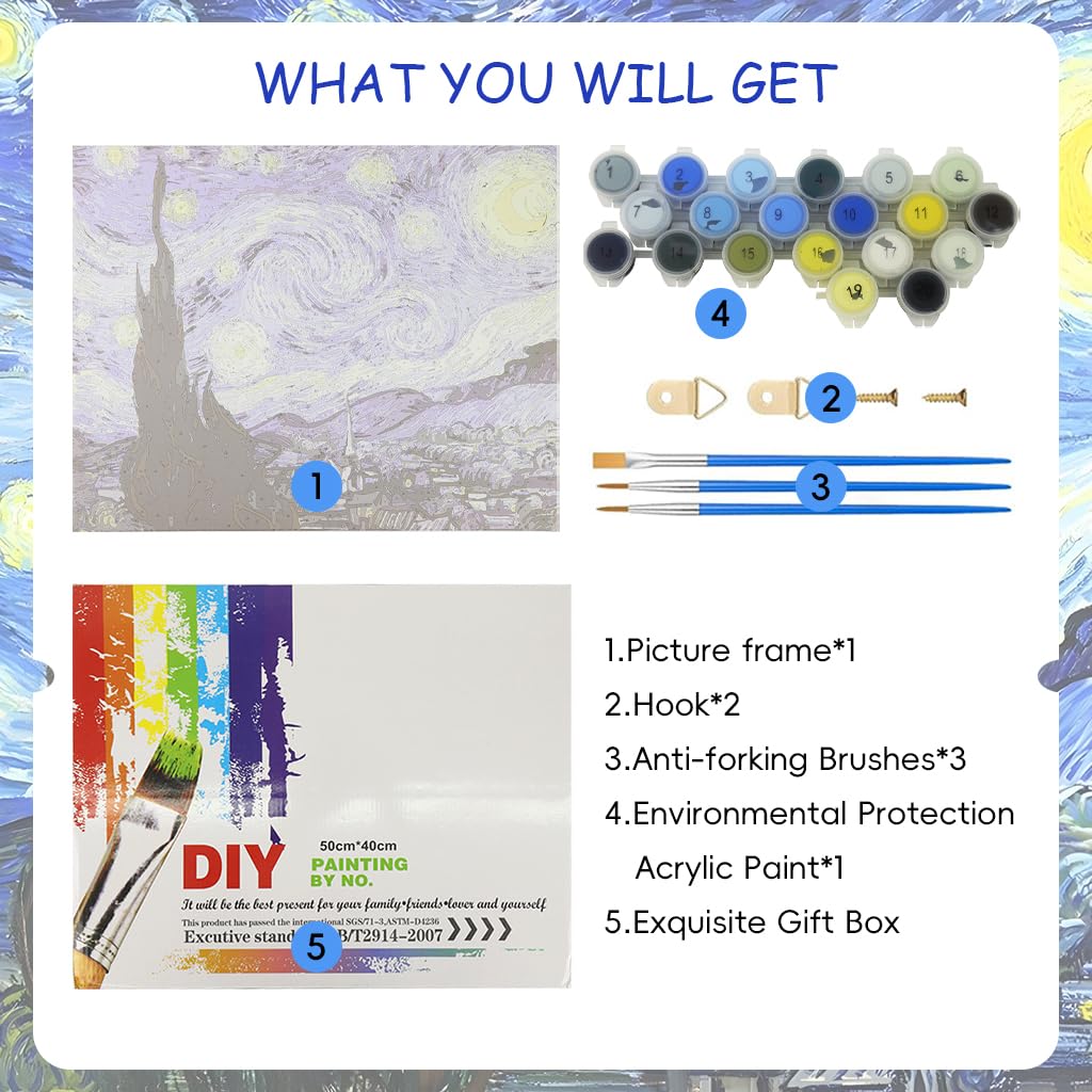 HASTHIP DIY Art Paint Kit by Number for Beginners with Pre Framed 15.7x19.6 in Canvas | Starry Night Painting Set