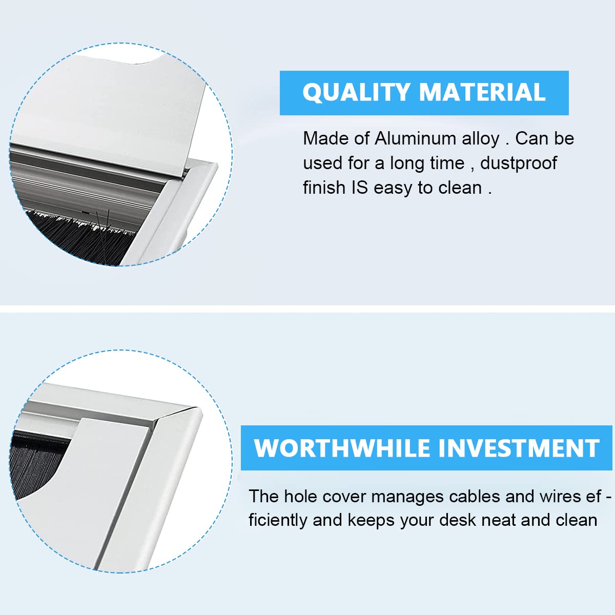 HASTHIP Rectangular Wire Cable Hole Cover for Office Desk with Flip Lid and Brush 280x80mm Silver