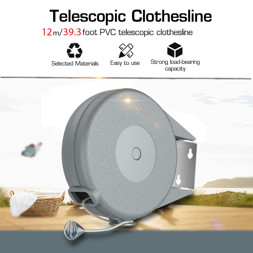HASTHIP Retractable Clothesline for Indoor and Outdoor Drying with 39ft PVC Line and Wooden Clips | Supports 30lbs