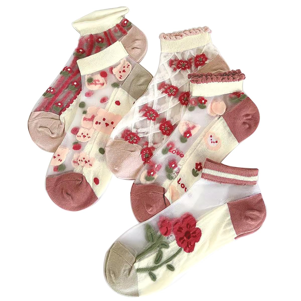 HASTHIP® 5 Pares Calcetines de Encaje Transparentes para Mujer,Calcetines Tobilleros de Malla Fina Nailon,Transpirables y Suaves con Diseño Floral para Verano y Uso Diario