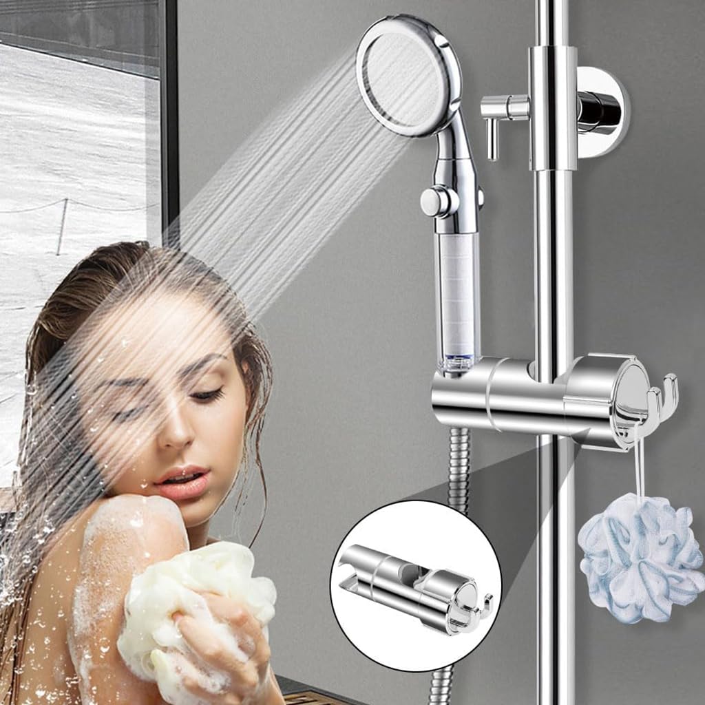 HASTHIP Shower Head Holder for 16–27mm Slide Bar with Dual Hooks and Adjustable ABS Bracket