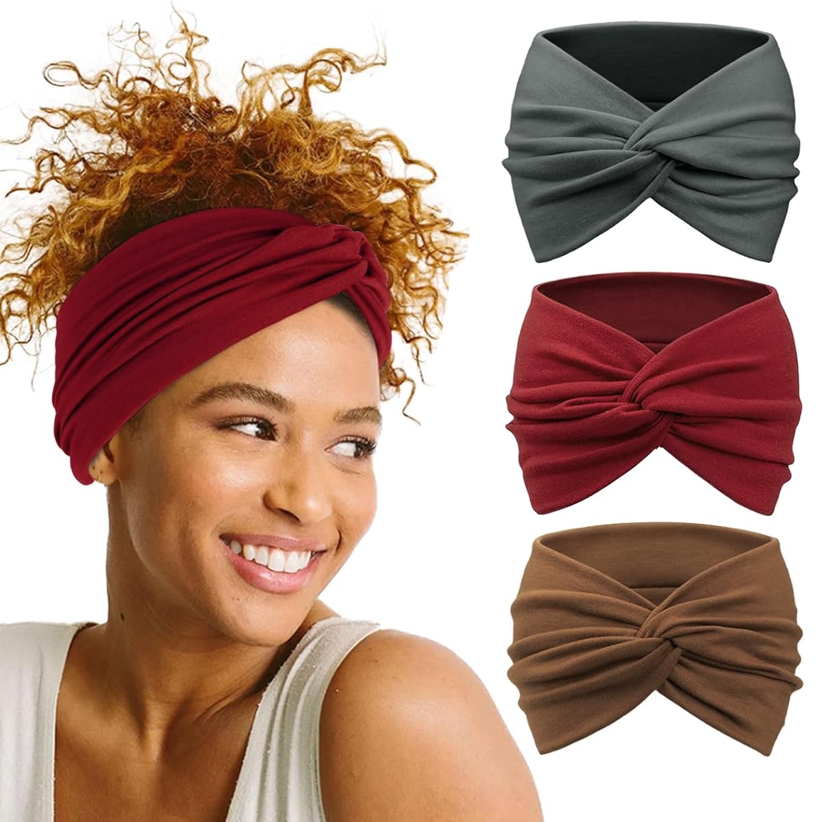 HASTHIP® HANNEA 3 Piezas de Bandas Anchas para Mujer, Banda para el Cabello Deportiva de Moda, Cinta elástica con Nudos torcidos, Turbante de dacrón para Maquillaje, Correr, Yoga y Ejercicio