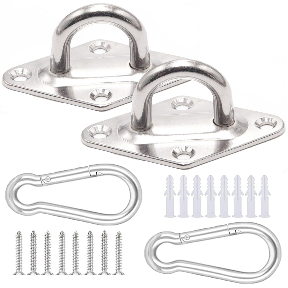 HASTHIP® 2Pcs Stainless Steel Eye Plate with Carabiners, Heavy Duty 200kg Mounting Hook Pad Eye for Hammock, Swing and Ceiling Mount