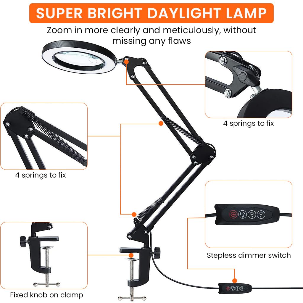 HASTHIP Desk LED Magnifier for Repairing and Reading with 15X Lens and Flexible Arm | 3-Color USB Lamp