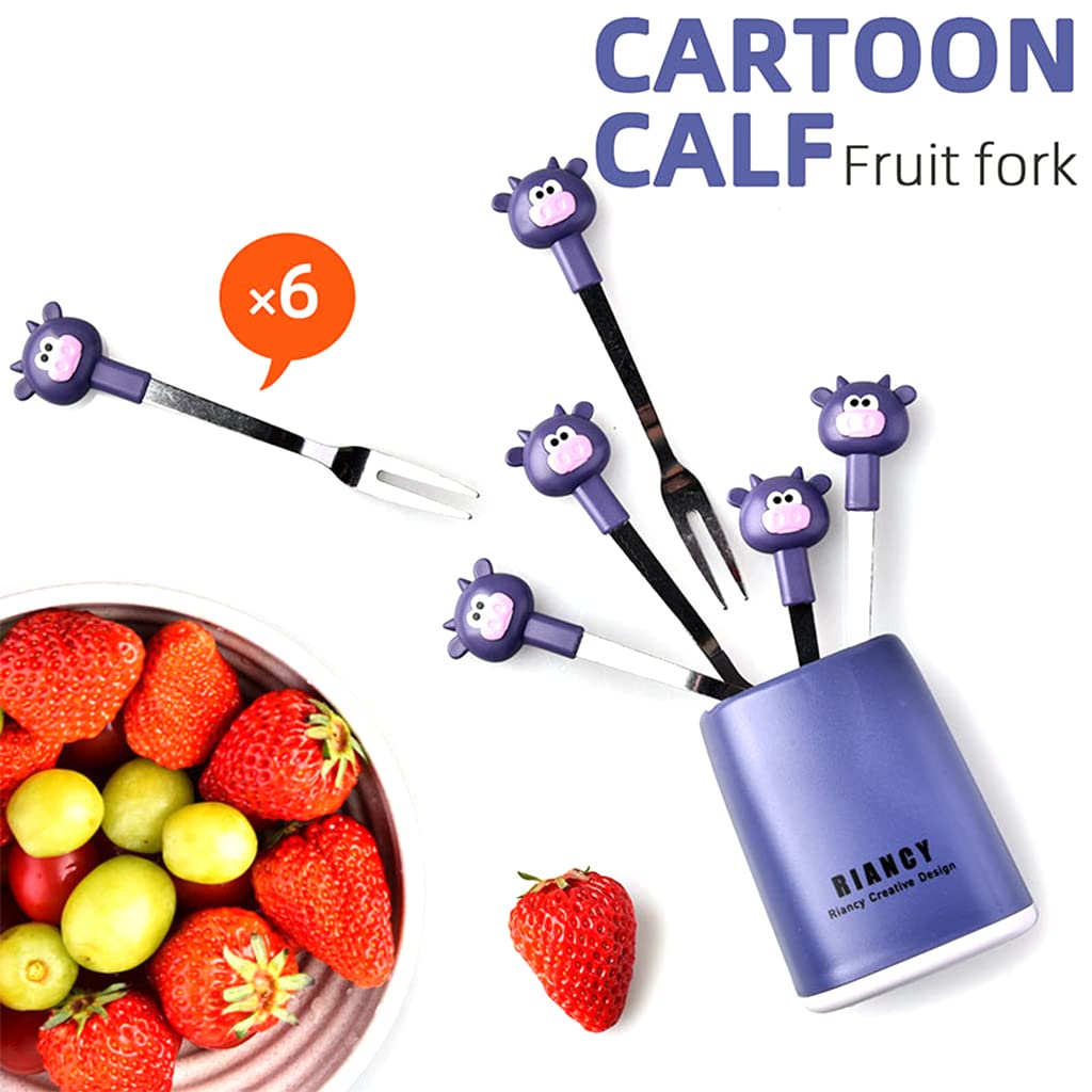 HASTHIP Food Fruit Forks for Kids with Cute Cow Handle 6pcs 4.65in Stainless Steel | Reusable Dessert Fork Set