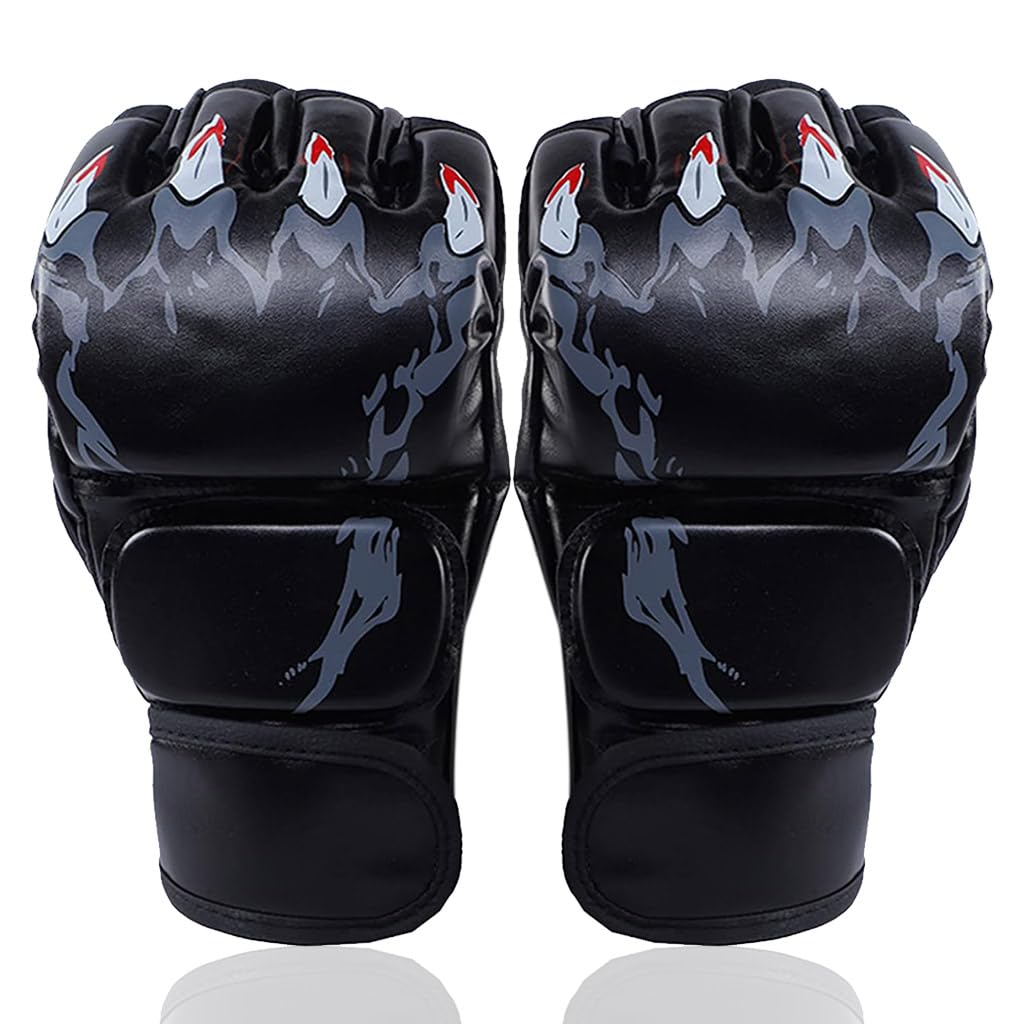 HASTHIP® Boxing Gloves Black Print MMA Gloves with Adjustable Wristband, Breathable Fingerless MMA Gloves for Boxing, Muay Thai and Sparring Sessions, Punching Gloves