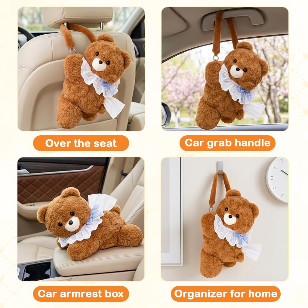 HASTHIP Cartoon Bear Plush Car Tissue Holder Cute Hanging Tissue Box for Car