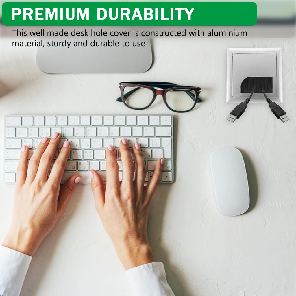 HASTHIP Desk Hole Cap for Office Cable Management 80x80mm with Flip Lid & Brush | Aluminium 3 PCS