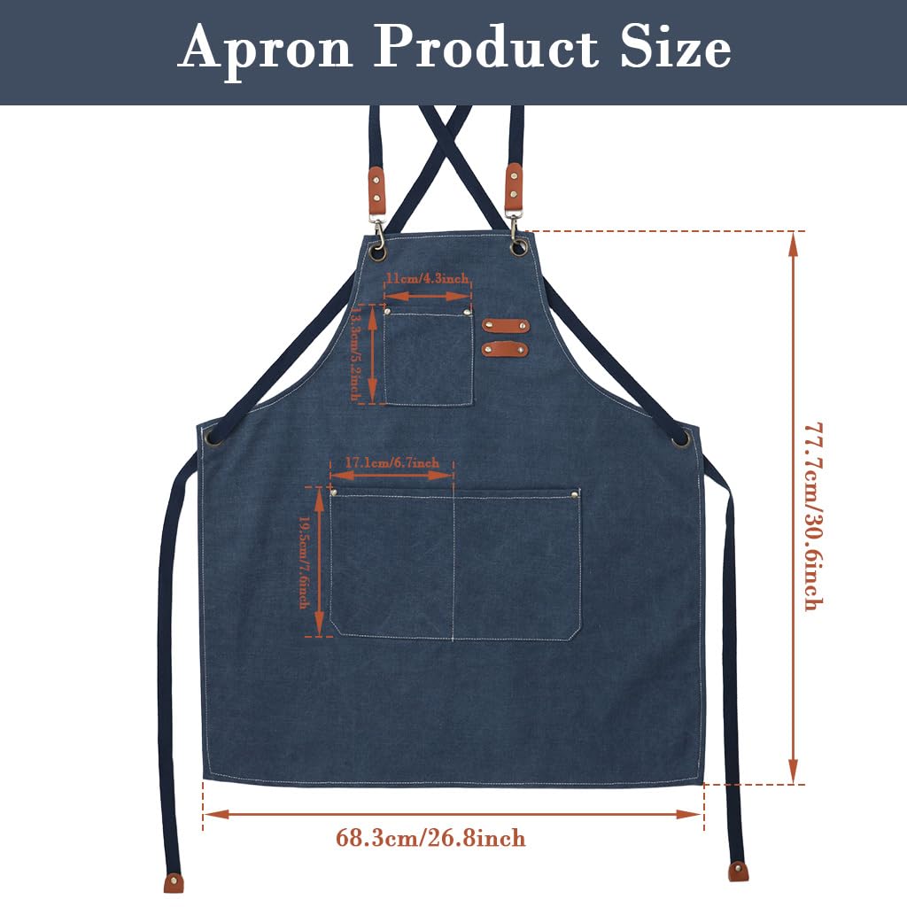 HASTHIP Canvas Work Apron for Kitchen and Workshop with Metal Eyelets and Multi Pockets | Dark Blue Adjustable Tie Back
