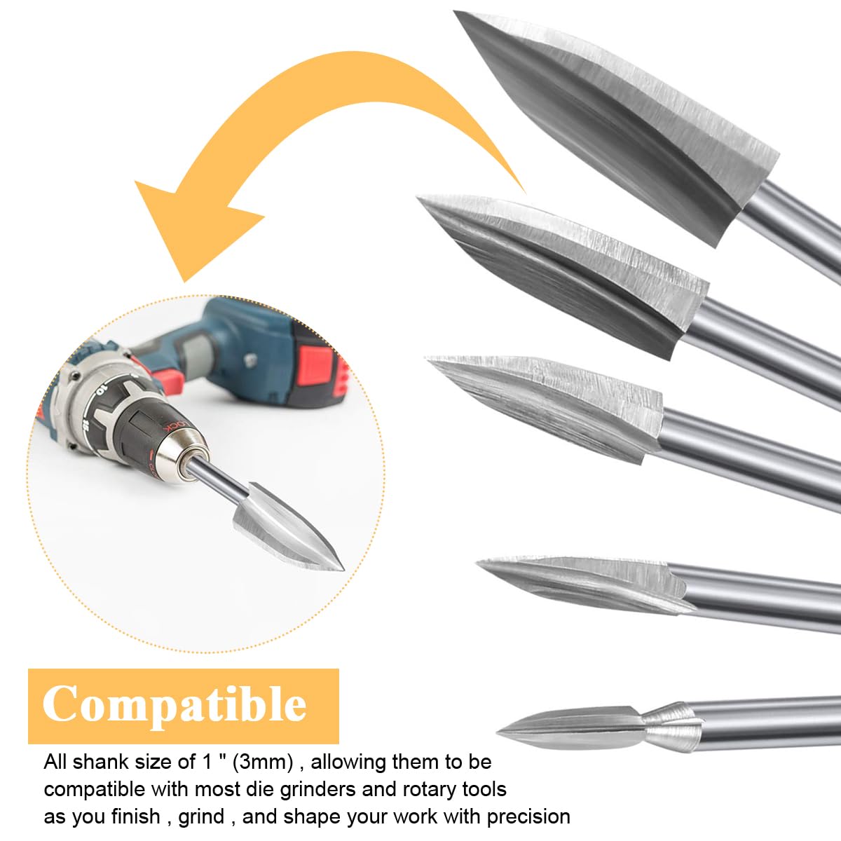 HASTHIP Wood Carving Tools for Rotary Tool 15 pcs with 1/8 Shank | 5 Sizes 3–8 mm Engraving Set