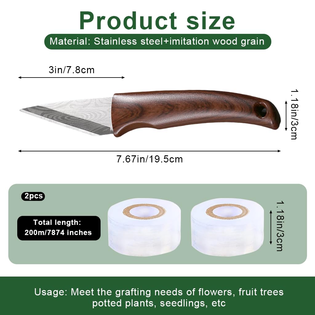 HASTHIP Grafting Tool for Fruit Trees and Roses with 2 Rolls 200 m Tape | Wooden Handle Stainless Steel Cutter