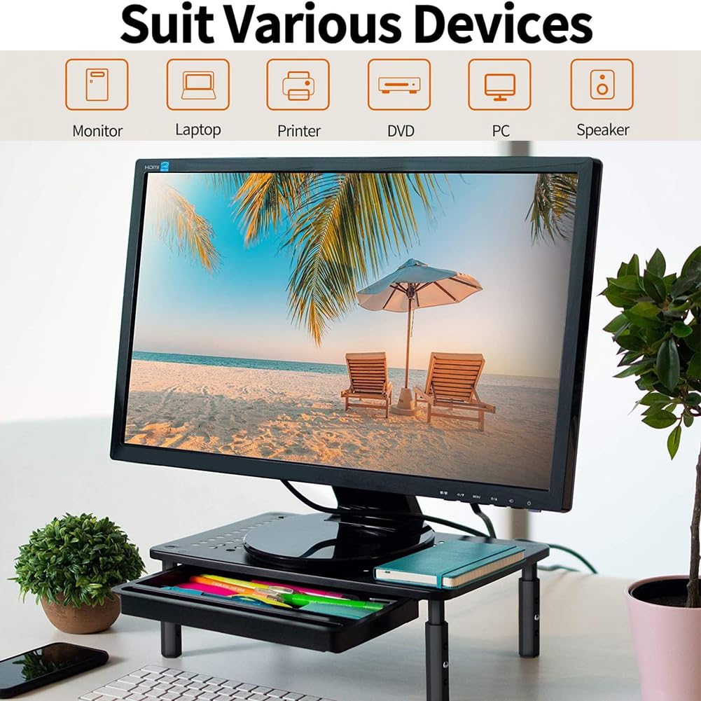 Monitor Stand for Desk, Monitor Stand Riser with Drawer 3 Height Adjustable PC Monitor Riser Stand Monitor Stand for Table Monitor Riser Printer Stand CPU Stand for Laptop Notebook Computer