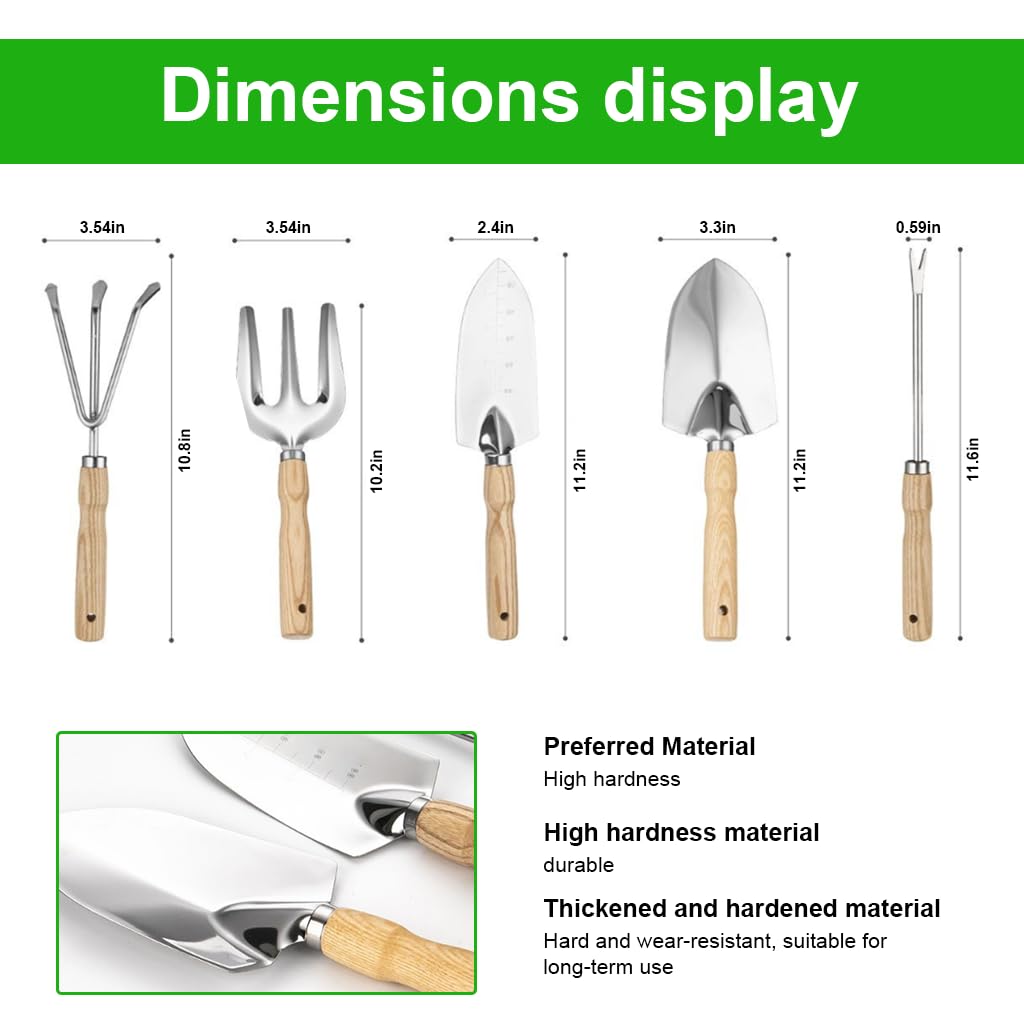 HASTHIP Gardening Tools Set for Planting and Weeding with Wooden Handles | 5Pcs Stainless Steel featuring Laser Etched Scale