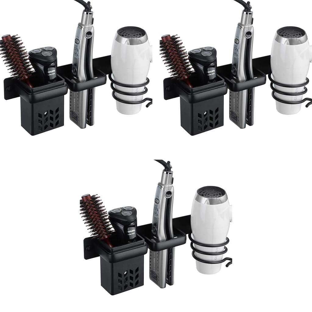 HASTHIP Hair Dryer Stand for Wall Storage featuring 3 in 1 Rack with Plug Hook Black 3PCS