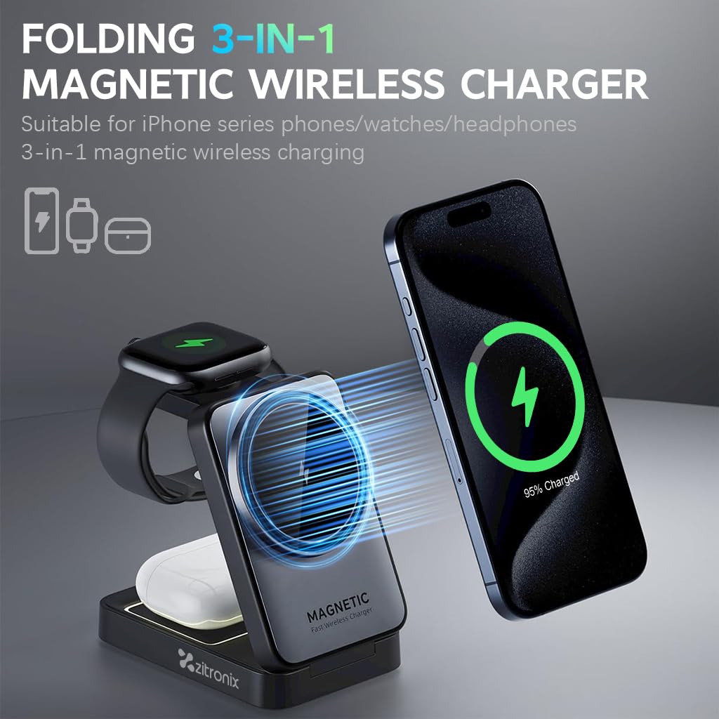 HASTHIP® Upgraded 3 in 1 Wireless Charger, Charger Cradle, Luminous Foldable Wireless Charging Cradle, Compatible with Charger & 16/15/14/13/12