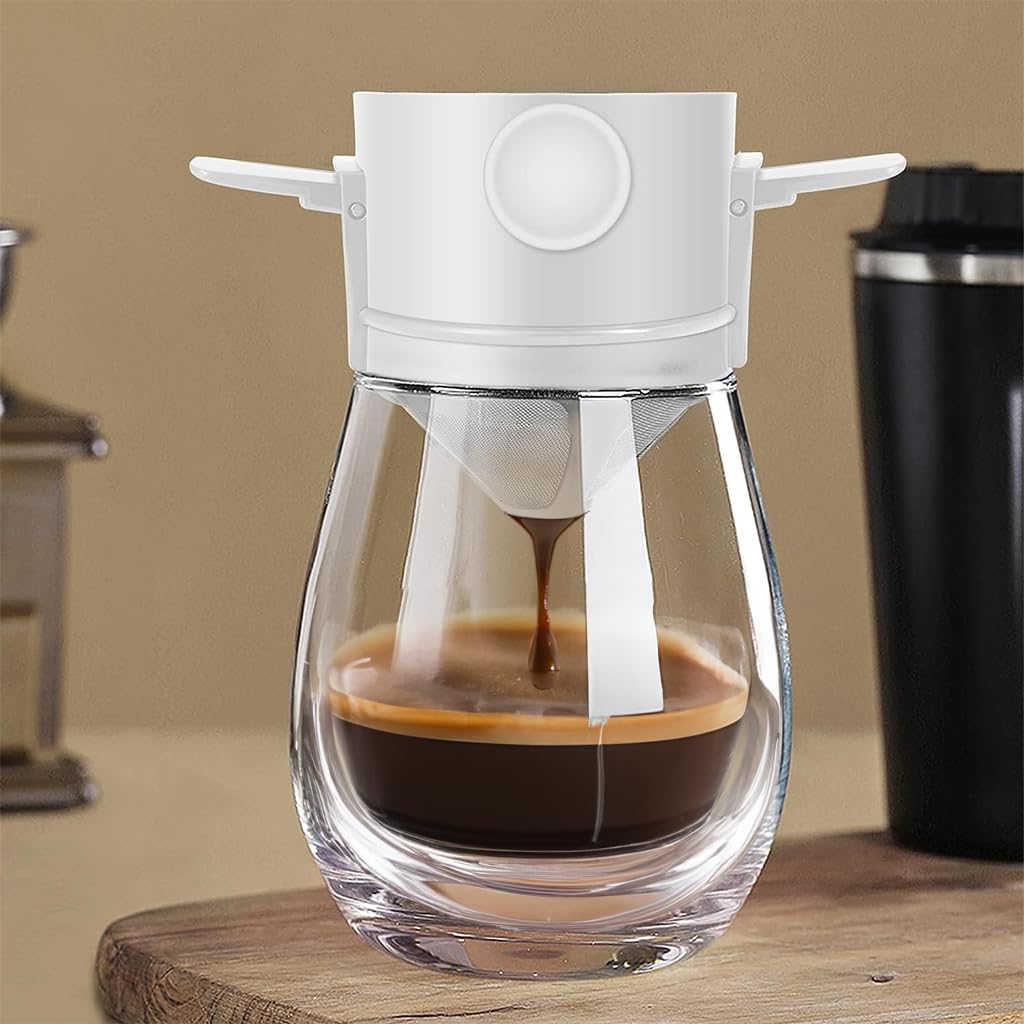 Filter Coffee Maker with Bottom Cup Double Mesh Pour Over Coffee Filter Food Grade Stainless Steel & Plastic Coffee Dripper 100% Paperless Foldable Fit Most Cup Keep Coffee Flavour Easy Clean