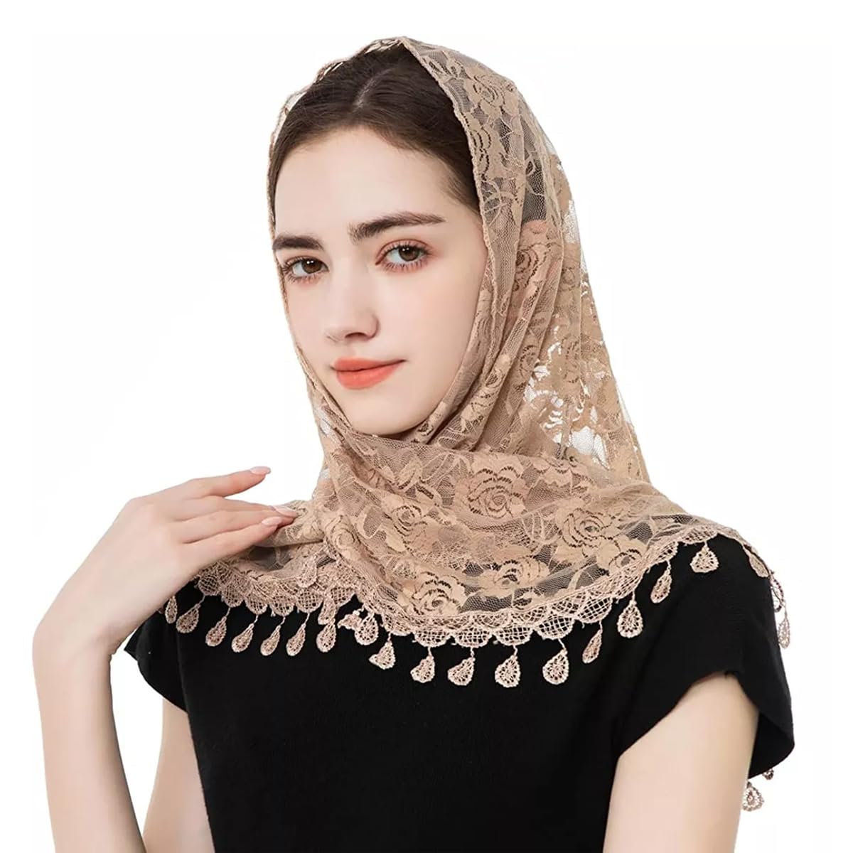 HASTHIP® Chal de Encaje para Mujer,Mantilla Triangular de Encaje con Diseño Rosas y Flecos,Velo Elegante Misa Bufanda para Boda y Ceremonias Marrón