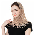 HASTHIP® Chal de Encaje para Mujer,Mantilla Triangular de Encaje con Diseño Rosas y Flecos,Velo Elegante Misa Bufanda para Boda y Ceremonias Marrón