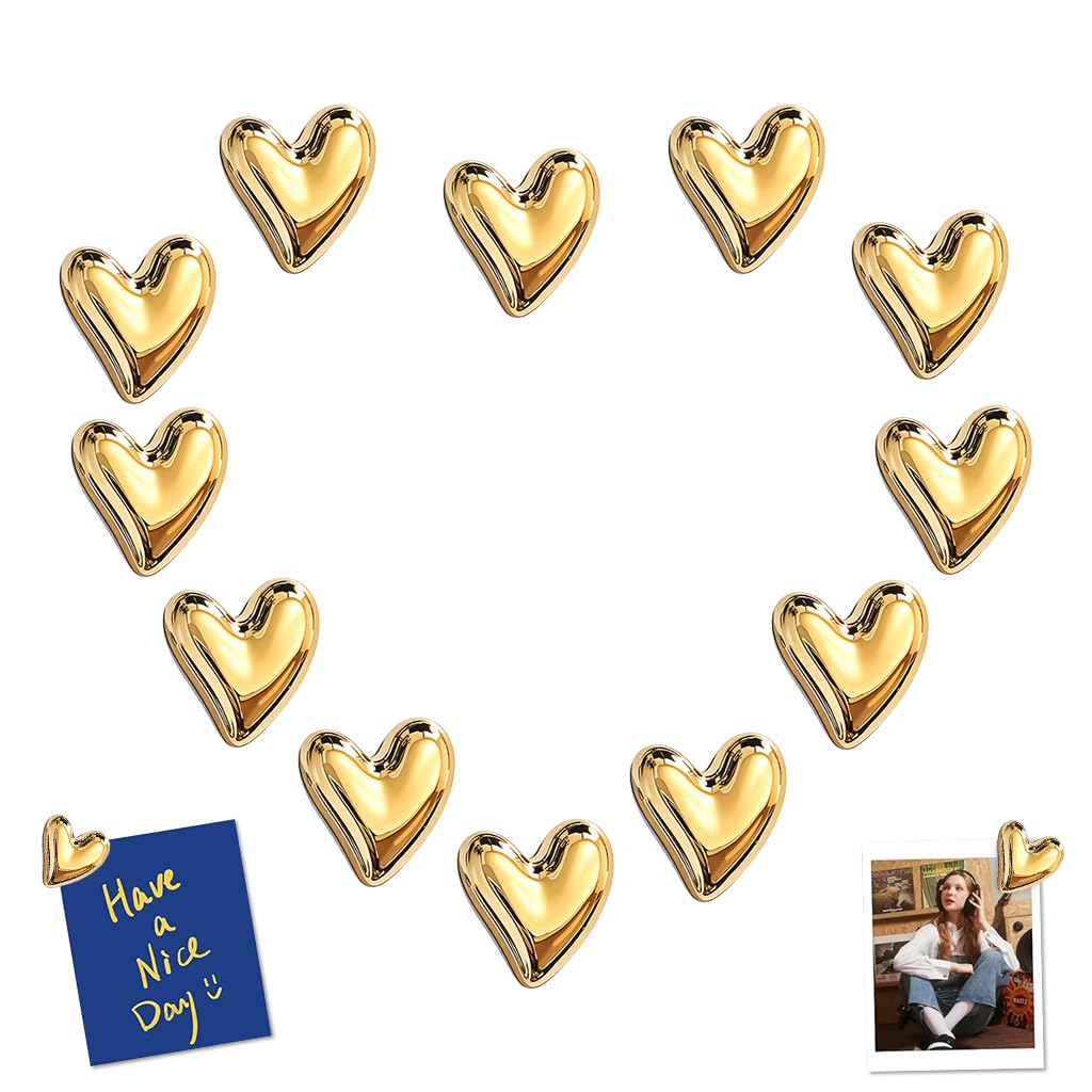 HASTHIP Refrigerator Magnets for Home and Office with 12 Heart Shapes 0.7 in Resin Gold Finish | Strong Decorative Holders for Notes and Photos