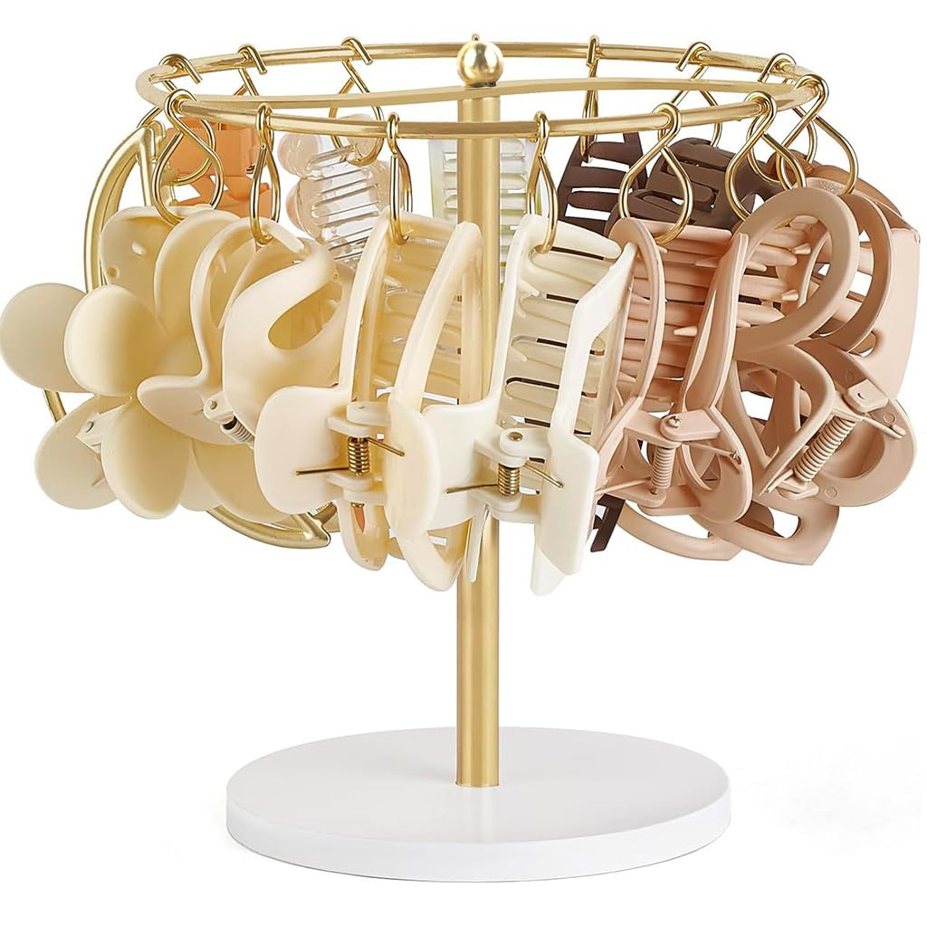 HASTHIP Metal Claw Clip Organizer for Vanity and Dresser with 16 Loop Hooks | Gold Display Stand