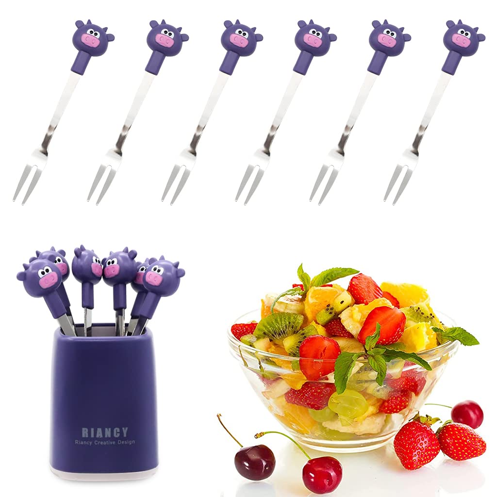 HASTHIP Food Fruit Forks for Kids with Cute Cow Handle 6pcs 4.65in Stainless Steel | Reusable Dessert Fork Set