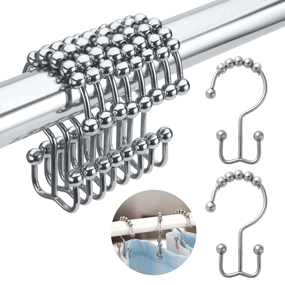 Bathroom Curtain Hooks,Stainless Steel Hook for Curtains,Rust-Resistant Metal Double Hooks Curtain Rings,Rolling Shower Curtain Hooks for Bathroom Shower Curtain Rods Curtains, Set of 10