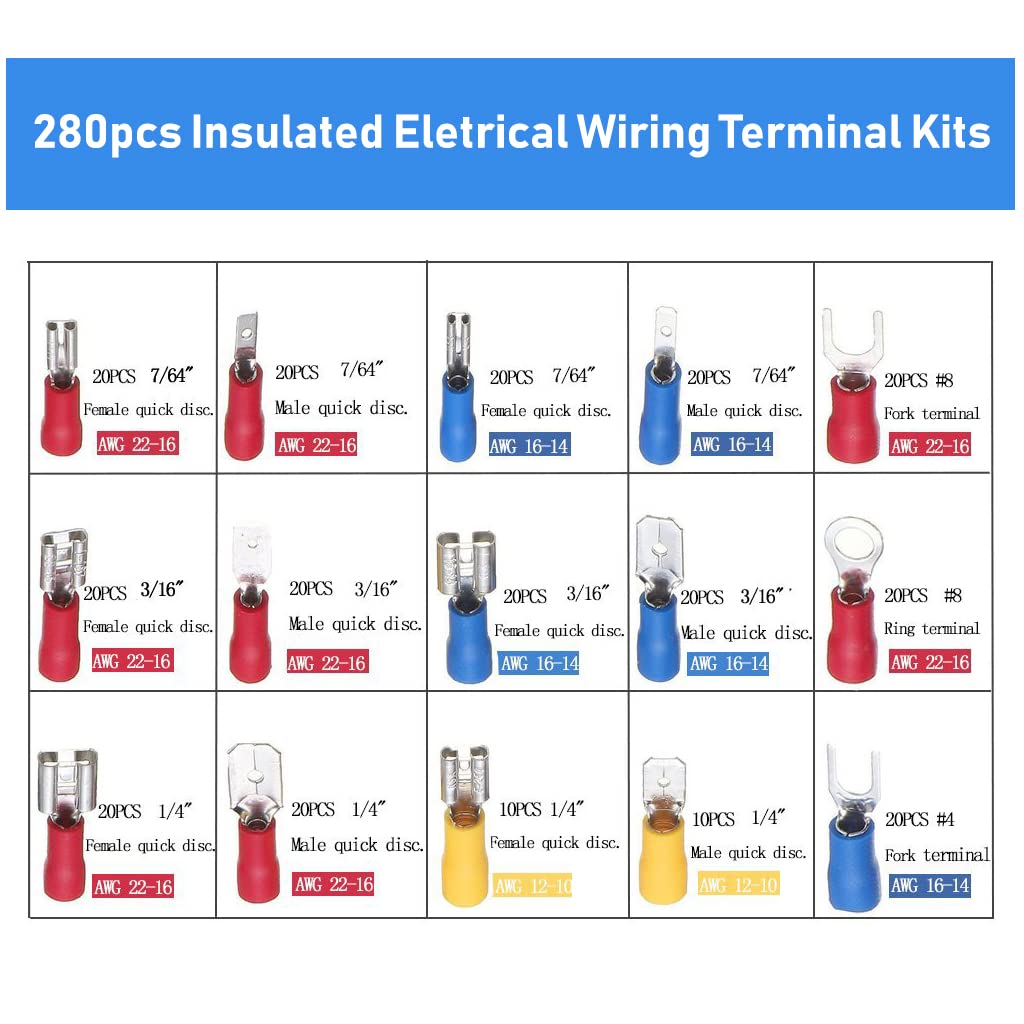 280pcs Wire Connector, Cable Connector Wire Connector Jointer Crimp Connectors Assortment Set, Electric Cable Lugs, Flat, Round Connectors, Fork, Ring Terminals, Butt Connectors