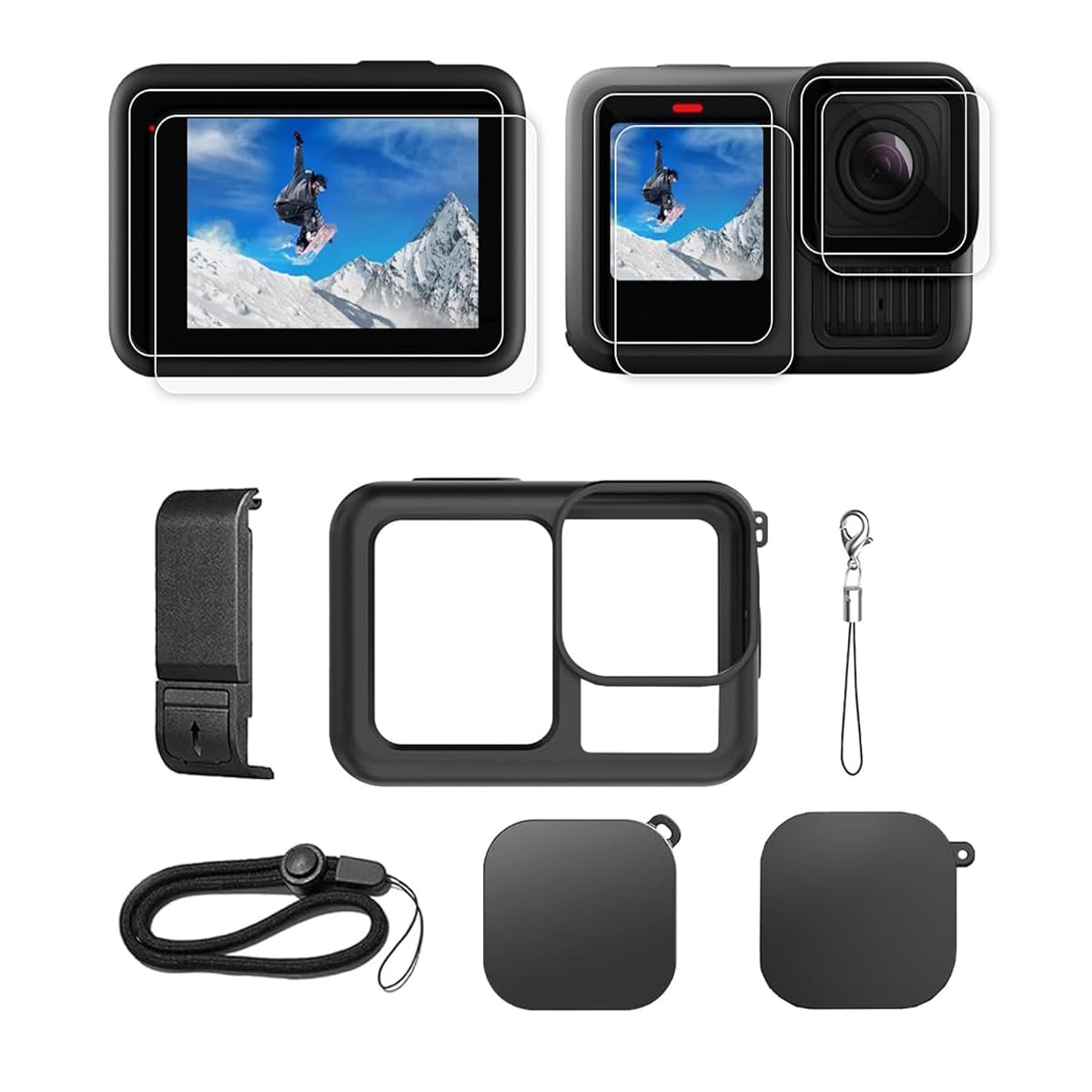 HASTHIP® Funda de Silicona Protectora para GoPro Hero 13 Black,Cubierta Lateral con Puerto de Carga,Tapas Lente Películas Pantalla Correa Muñeca y Kit Completo Accesorios